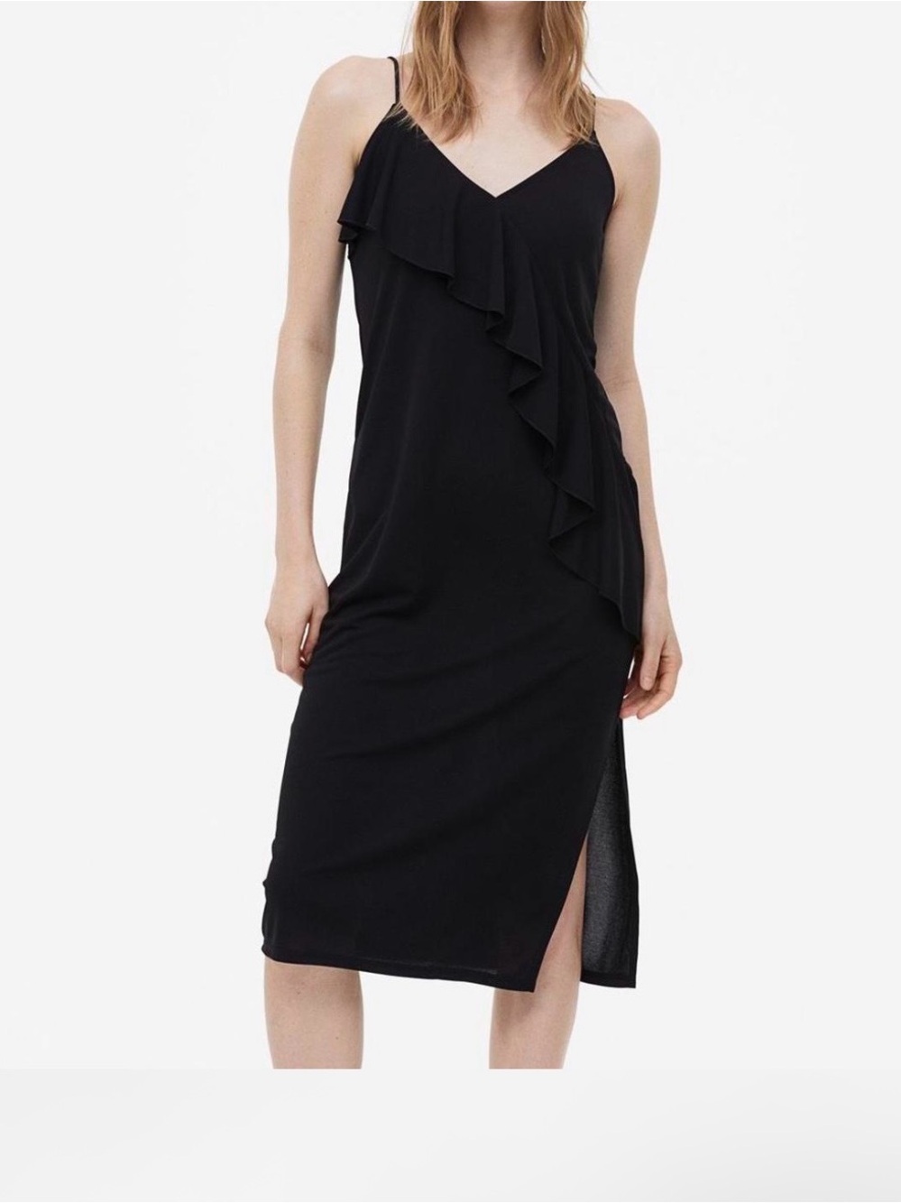 H&M Black Ruffled Midi Slip Dress with Side Slit
